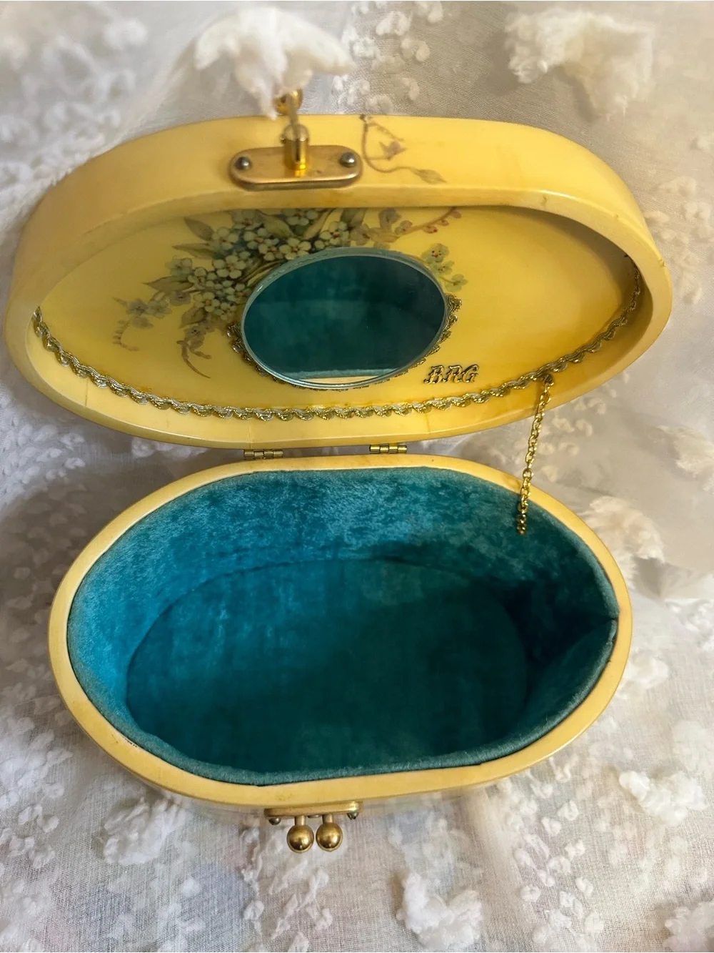 Vintage Yellow/Floral Oval Box purse with Teal Interior
